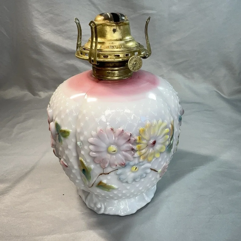 Antique Oil Lamp Base Consolidated Glass Florette Pink Blush Bulging Petal